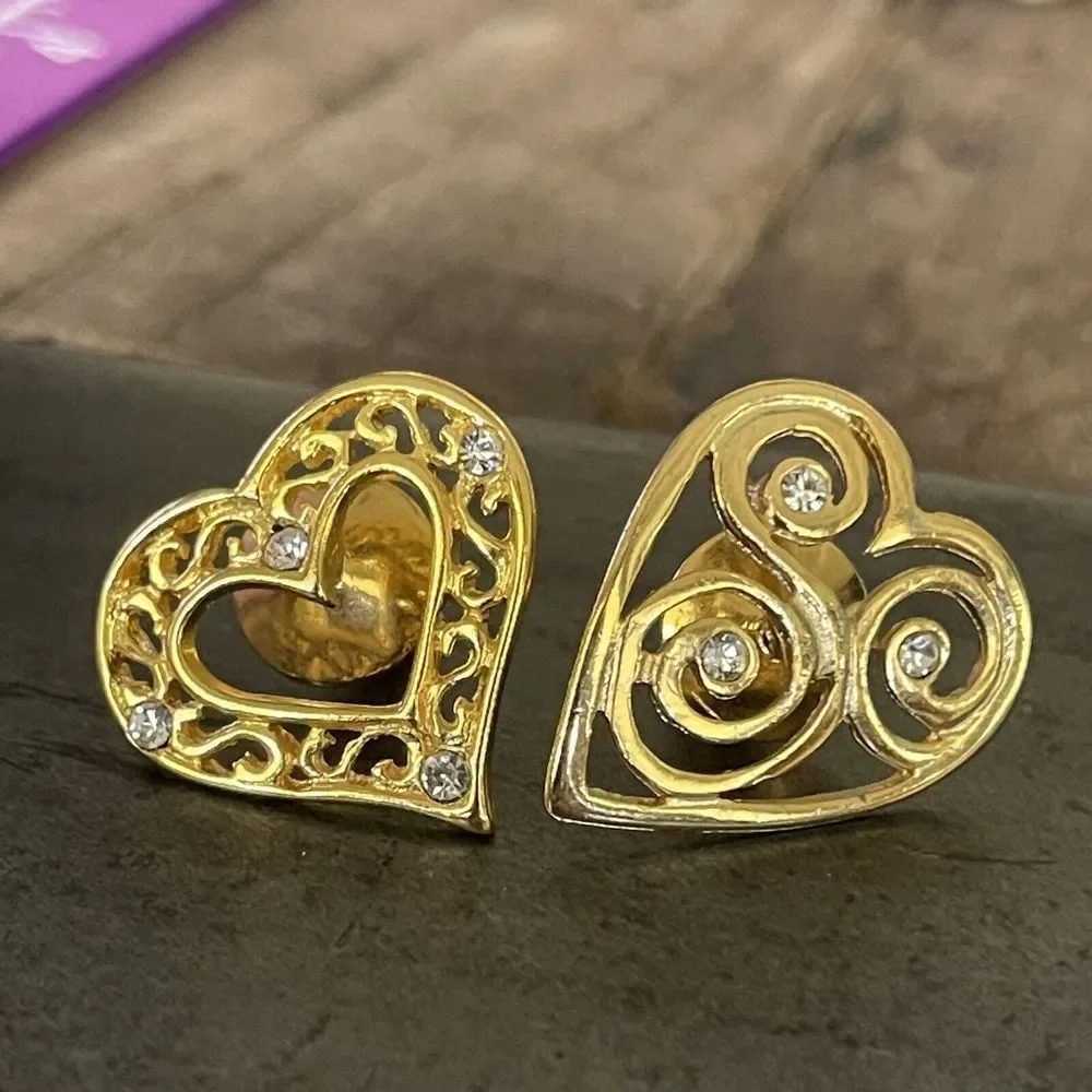 Vintage Lot Of 2 Gold Tone Filigree Romantic Rhinestone Heart Tack Pin Lapel